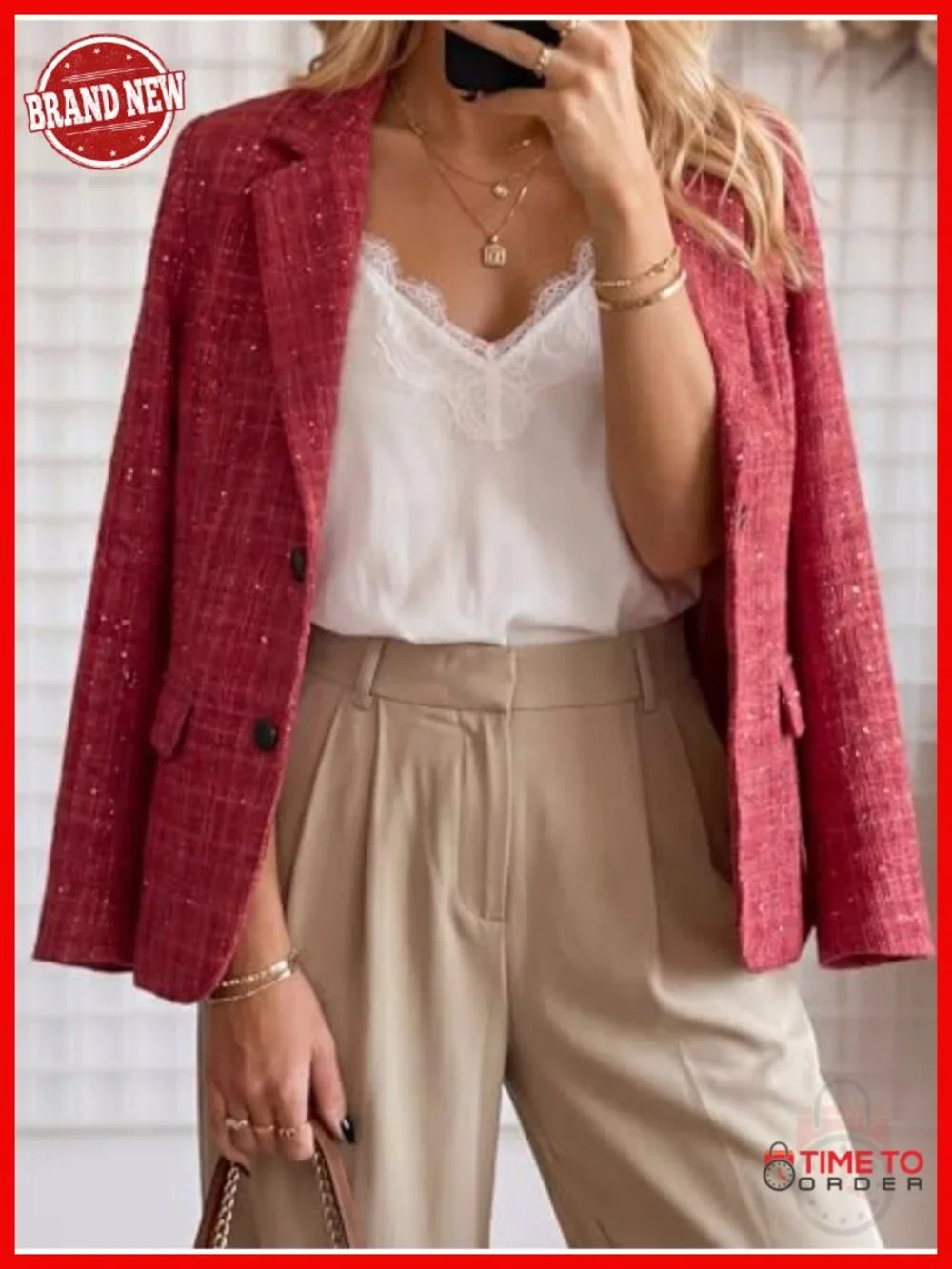 Womens Tweed Blazer Jacket Plaid Sequin Long Sleeve Casual Business Work Blazers_4